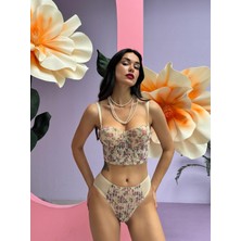 Cansoy Çiçek Desenli Nude - Ten Rengi Simli Büstiyer Takım