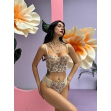 Cansoy Çiçek Desenli Nude - Ten Rengi Simli Büstiyer Takım