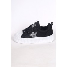 Kuum K1127100 Fashion Deri Yüksek Taban Rahat Ortepedik Bağcıklı Yandan Yıldız Işlemeli Siyah Kadın Günük Ayakkabı