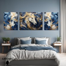 Gaagart 3lü Kanvas Şık Salon Duvar Tablosu Modern Soyut Mavi Gold At