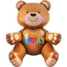 Parti Aşkı Happy Yazılı Kahverengi Oturan Ayı Folyo Balon 77*70 cm Büyük Boy & Doğum Günü Parti Balonu