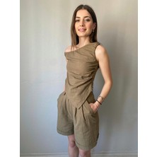 Nice Boutique Asitmetrik Bluz Şort Kadın Keten Takım