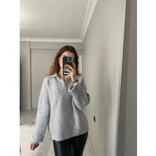 Nice Boutique Polo Yaka Fitilli Yumoş Oversize Kadın Kazak Gri