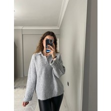 Nice Boutique Polo Yaka Fitilli Yumoş Oversize Kadın Kazak Gri