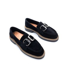 Sovenso SV011  Süet Deri Siyah Renk Tokalı Kadın Loafer Ayakkabı