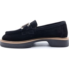 Sovenso SV011  Süet Deri Siyah Renk Tokalı Kadın Loafer Ayakkabı