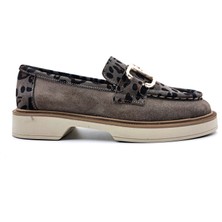Sovenso SV011  Süet Deri Vizon Renk Leopar Baskı Tokalı Kadın Loafer Ayakkabı