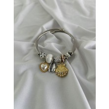 Uzay Accessories 316L Çelik Pandora, Kalp ve Deniz Kabuğu Detay Charm Bileklik