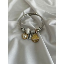 Uzay Accessories 316L Çelik Pandora, Kalp ve Deniz Kabuğu Detay Charm Bileklik