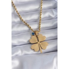 Xsay Çelik Gold Renk Burgu Model Işlemeli Yonca Figür Nazar Boncuk Detay Kadın Kolye