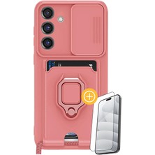 Denza Case Samsung Galaxy A55 Kılıf Kartvizitli Askılı Standlı Kapak - Pembe + Ekran Koruyucu