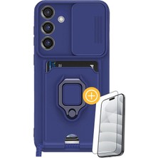 Denza Case Samsung Galaxy A55 Kılıf Kartvizitli Askılı Standlı Kapak - Lacivert + Ekran Koruyucu