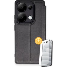 Denza Case Xiaomi Poco X6 Kılıf Içi Süet Kartvizitli Standlı Kapak - Siyah + Ekran Koruyucu