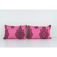 Etnik Bulvar Pembe Renkli Geometrik El Dokuma Kilim Kırlent Kılıf 40 x 60 cm