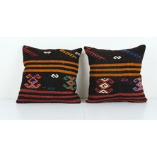 Etnik Bulvar Set Kahverengi Renkli Geometrik El Dokuma Kilim Kırlent Kılıf 45 x 45 cm