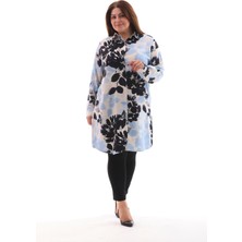 Kadın Büyük Beden Beyaz Mavi Siyah Desenli Gömlek Tunik - BGG39