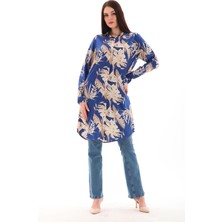 Charamela Mavi-Bej Desenli Kadın Büyük Beden Viskon Tunık Gömlek - BGG28