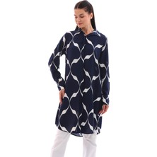 Charamela Lacivert-Beyaz Desenli Kadın Dokuma Gömlek Tunik - BGG37