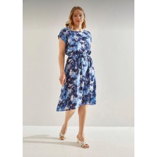 Charamela Mavi-Beyaz Desenli Kadın Beli Lastikli Viskon Elbise - BGE48