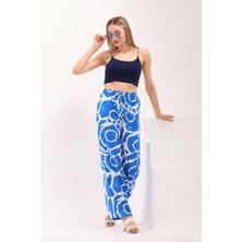 Charamela Kadın Beli Lastikli Rahat Kesim Mavi Beyaz Desenli Palazzo Pantolon - BGP57