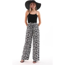 Charamela Kadın Beli Lastikli Siyah-Beyaz Desenli Viskon Palazzo Pantolon - BGP49