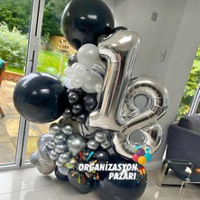 Organizasyon Pazarı Zincir Balon Seti 18 Gümüş Folyo Balon-Siyah-Krom Gümüş-Metalik Beyaz 100 Adet +Balon Şeridi