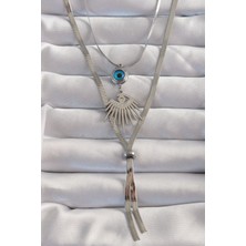 Ezo Concept 316L Çelik Gümüş Renk Zirkon Taşlı Göz Detay Nazarlı Uzun Asansör Model Kolye