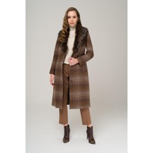 Olcay Yakası Çıkabilir Kürklü Belden Bağlamalı Ara Boy Ekose Kaban Kahve 3978