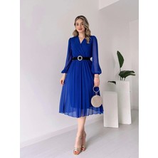 Defy Moda Kadın Şifon Kumaş Astalı Kloş Kesim Kruvaze Yaka Midi Boy Elbise