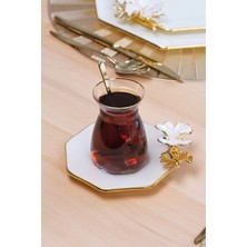 Glore Dolmabahçe Sekizgen Krem 6 Kişilik Altın Yaldızlı Cam Çay Tabağı Takımı