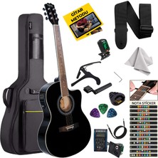 Midex XC-300BK-EQ Profesyonel Siyah Elektro Akustik Gitar 4/4 Yetişkin Üst Segment (Siyah Gigbag Çanta Tuner Capo Askı Jak Kablo Pena)