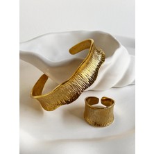 Özel Tasarım Altın Kaplama Dalgalı Ayarlanabilir Altın Rengi Kelepçe Bileklik ve Yüzük Seti