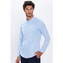 Erkek Slim Fit Dar Kesim Uzun Kollu Pamuklu Kolay Ütü Mavi Düğmeli Yaka Gömlek