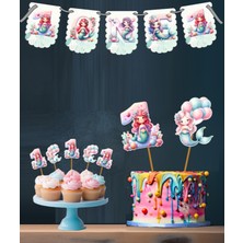 Hiras Dizayn Denizkızı Temalı 3 Lü Set One 1 Yaş Doğum Günü Süsü Banner + Pasta Süsü + Cupcake Kürdani