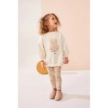 Ladin Store Yeni Sezon Kız Çocuk Miffy Detaylı Bej Pamuklu Sweatshirt ve Fitilli Taytlı Alt-Üst Ikili Takım