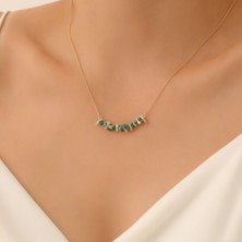Nox Jewelry 14 Ayar Altın Mikron Kaplama Doğal Yeşil Aventurin ve Deniz Kabuğu Taşlı Bar Kolye - Minimal Doğal Taş Kolye