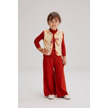 Lolli Boom Kids  Kapitone Yelekli Triko Balıkçı Yaka Body Ve Triko Pantolon 3 Parçalı Alt Üst Takım / Set Kırmızı Renk