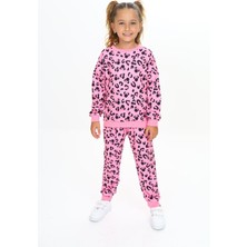 Lolli Boom Kids  Yumuşak Dokulu 2 Iplik Fuşya Pembe Ton Leopar Baskılı Alt Üst Eşofman Takımı