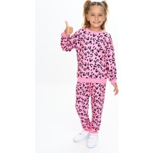 Lolli Boom Kids  Yumuşak Dokulu 2 Iplik Fuşya Pembe Ton Leopar Baskılı Alt Üst Eşofman Takımı