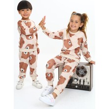 Lolli Boom Kids  Yumuşak Dokulu 2 Iplik Kahve Tonlu Sevimli Karakter Baskılı Alt Üst Eşofman Takımı / Unisex