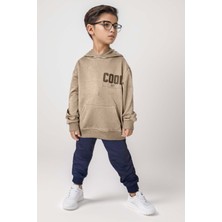 Riccotarz Erkek Çocuk Cool Boy Çift Baskılı Cepli Kapüşonlu Bej Sweatshirt Eşofman Takım