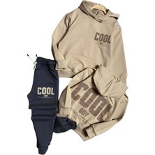 Riccotarz Erkek Çocuk Cool Boy Çift Baskılı Cepli Kapüşonlu Bej Sweatshirt Eşofman Takım