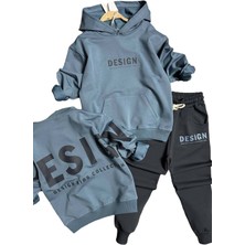 Riccotarz Erkek Çocuk Sırt Baskılı Design Kapüşonlu Sweatshirt Likralı Lacivert Eşofman Takım