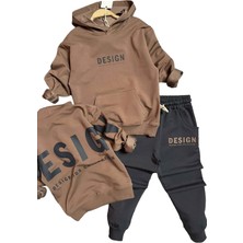 Riccotarz Erkek Çocuk Sırt Baskılı Design Kapüşonlu Sweatshirt Likralı Kahverengi Eşofman Takım