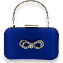 Biçanta Saks Renk Saten Gümüş Kasalı Saplı Kulplu Gümüş Taşlı Abiye Gece Çantası Düğün Nişan Clutch