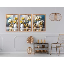 Bestablo 3 Parça Çerçeveli Vazoda Çiçekler Ahşap Tablo Seti, Ev Dekoru