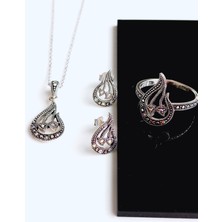 Keskin Gümüş 925 Ayar Gümüş Markazit Taşlı Otantik Lale Tasarım Kadın Set Kolye Küpe Yüzük