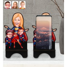 BK Kişiye Özel Süper Anne ve Süper Çocuklar Karikatürlü Ahşap Biblo Telefon Standı-1