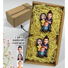 Bk Gift Hediye Kutulu Kişiye Özel Aile Karikatür 2li Ahşap Anahtarlık-1