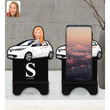 BK Kişiye Özel Plakalı Kadın Renault Zoe Karikatürlü Ahşap Biblo Telefon Standı-1